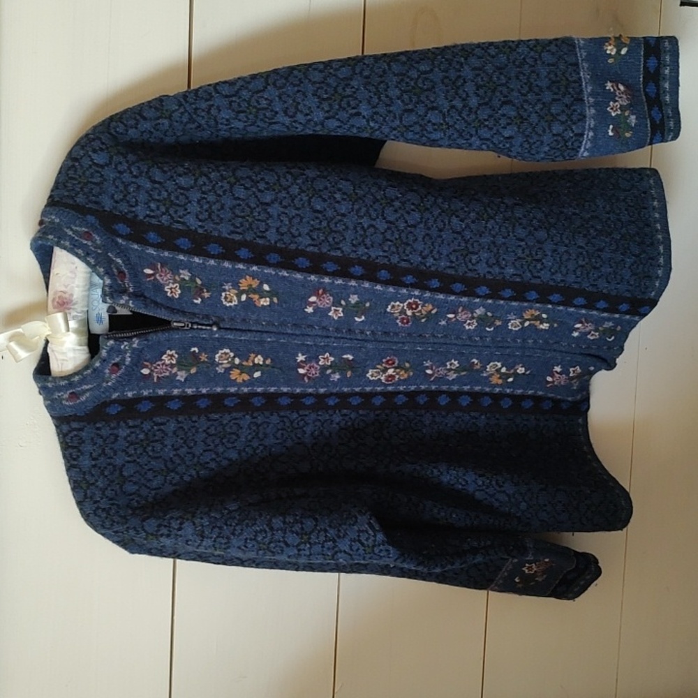 Vtg Squaw Valley Nordic Pattern Full Zip Cardigan 100% Wool Petite Large PtP 21"